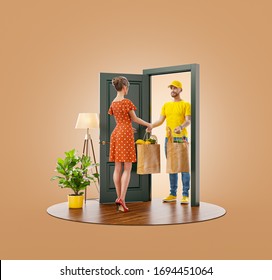 Unusual 3d Illustration Of A Young Woman Receiving Bags With Fresh Food From Courier At The Door. Food Delivery Service. Online Grocery Shopping And Delivery.