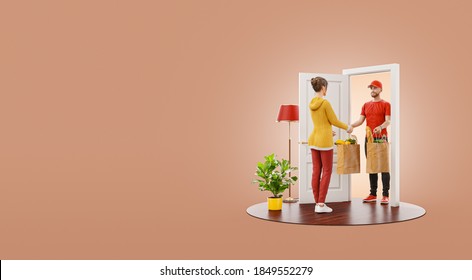 Unusual 3d Illustration Of A Young Woman Receiving Bags With Fresh Food From Courier At The Door. Food Delivery Service. Online Grocery Shopping And Delivery.