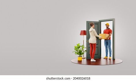 Unusual 3d illustration of a young woman receiving parcel from delivery service courier at the door. Delivery and post concept. - Powered by Shutterstock