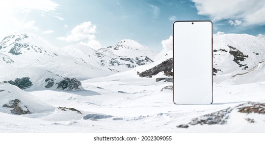 Unusual Design Concept. 3d Illustration of aBig Smartphone With White Screen in the Middle of Snowy Mountains. Minimal Smartphone Mockup. Commercial Advertizing Concept. - Powered by Shutterstock