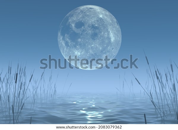An unusual large moon in the misty twilight over\
the water with reeds. Mysterious magical fantastic illustration of\
nature. 3D Render.