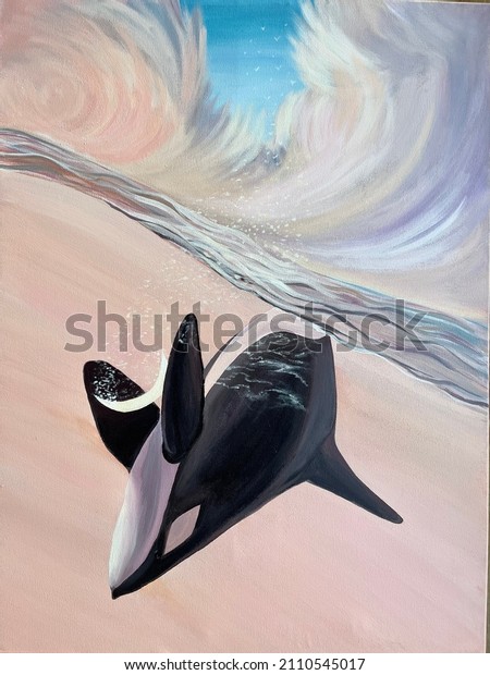 an
unusual picture with a killer whale swimming under water.  The
killer whale holds the moon in its fins, which is reflected on the
surface of the water and cirrus clouds in the
sky.