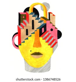 Unusual portrait with architectural details on the head. Hand-drawn raster surreal illustration for your stylish design. - Powered by Shutterstock