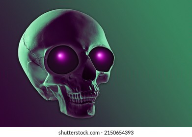 Unusual strange green purple alien skull with huge eye sockets on dark background. UFO, space, aliens, contact with extraterrestrial civilization. Concept template for poster, fashion, dj, zine art