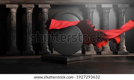Unveil Red Cloth Cover From Round Black Stone Classic Colums Pillars. Empty Space Mockup Template 3D Rendering Foto stock © 