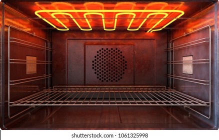 An Upclose View Through The Front Of The Inside Of An Empty Hot Operational Household Oven With A Glowing Element And Metal Rack - 3D Render