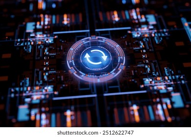 Update icon in futuristic space. Concept of hardware and software update, human resource changes, installing update, modernize, released new version, money transfer, maintenance and upgrading system.