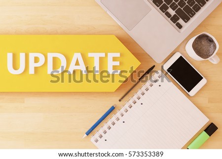 Update - linear text arrow concept with notebook, smartphone, pens and coffee mug on desktop - 3d render illustration.