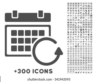 Update Plan glyph icon with additional 300 date and time management pictograms. Style is flat symbols, gray color, rounded angles, white background.