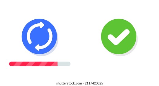 Update Refresh Icon Or Sync Twist App, Load Progress Bar For Download Ui Process Red Color, Checkmark Tick Complete Circular Button As Upgrade Done Or Change Reset Flat Design Image