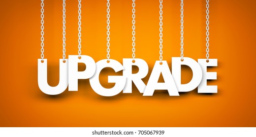 Upgrade - word hanging on chains. 3d illustration