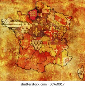 Upper Normandy on old map of france with flags of administrative divisions