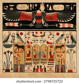Upper part represents the Eagle illustration from the kings tombs in Thebes by Giovanni Battista Belzoni (1778-1823) from Plates illustrative of the researches and operations in Egypt and Nubia (1820).