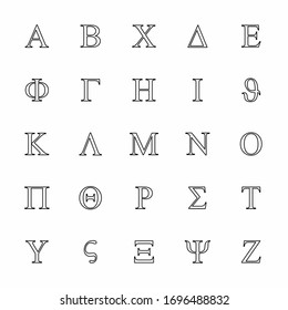 Uppercase Greek Letters Icons Set. Black Outlines On White Background.