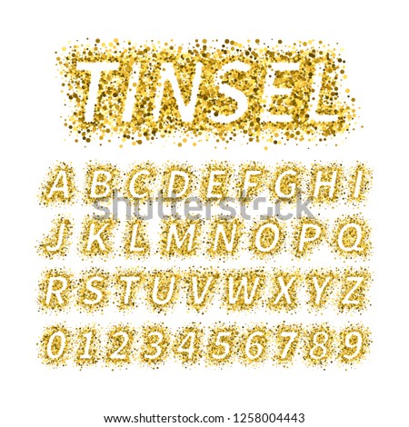 Uppercase italic display font include letters and numbers. Glitter confetti alphabet with gold dust for title, header, lettering, poster, greeting card, invitation, banner. 