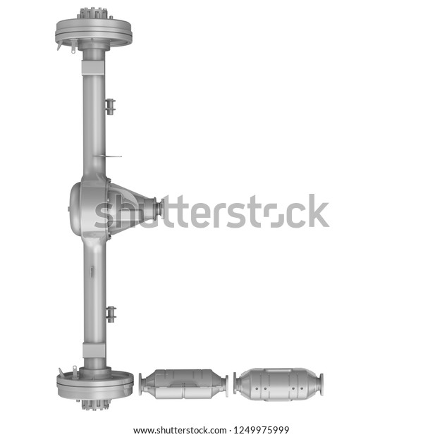 Uppercase letter L from\
car parts. The letter of the alphabet -L- composed of a rear drive\
axle car and elements of the vehicle engine exhaust system.\
Isolated. 3D\
Illustration