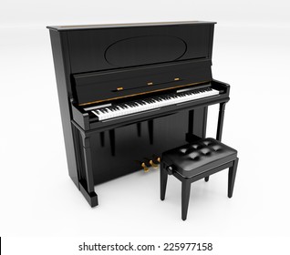 Upright piano on light background in studio