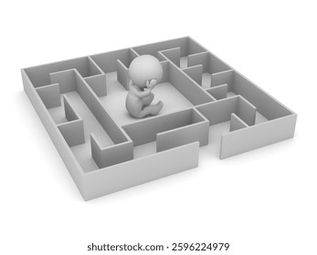 Upset 3D Character inside a Maze. Isolated on white background.