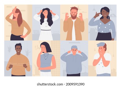 Upset annoyed people illustration set. Cartoon sad unhappy disappointed adult characters in bad failure situation, with face palm gesture, touch head in headache, disappointment or shame - Powered by Shutterstock