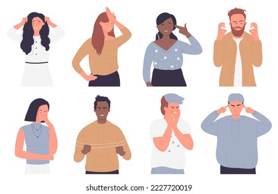 Upset annoyed people illustration set isolated. Cartoon sad unhappy disappointed adult characters bad failure situation, with face palm gesture, touch head in headache, disappointment or shame - Powered by Shutterstock