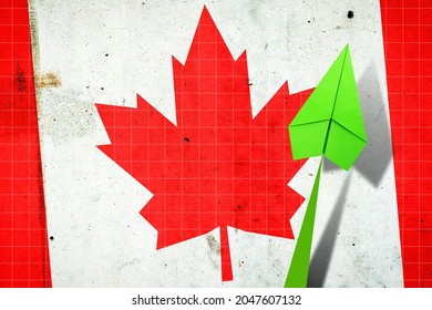 Upward Arrow On The Background Of The Flag Of Canada. Paper Plane. Economic Recovery. Copy Space. Business. Background.