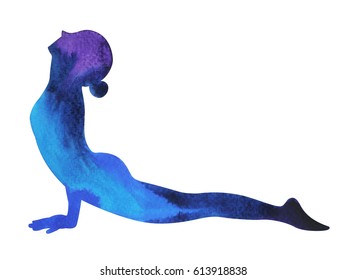 Upward Facing Dog Yoga Pose, Urdhva Mukha Svanasana, yoga position, watercolor painting, hand drawing, illustration design, chakra color power