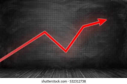 Upward trending bright red zigzag arrow on the checkered black wall with the black wooden floor beneath. Charts and statistics. Enterprise analytics. Business development and success.