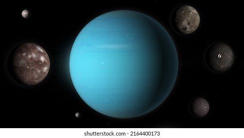 Uranus planet and her moons in the outer space. 3d render