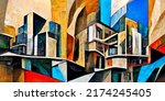 Urban architecture. Panoramic abstraction in the style of cubism. The picture is made by oil on canvas with elements of acrylic painting