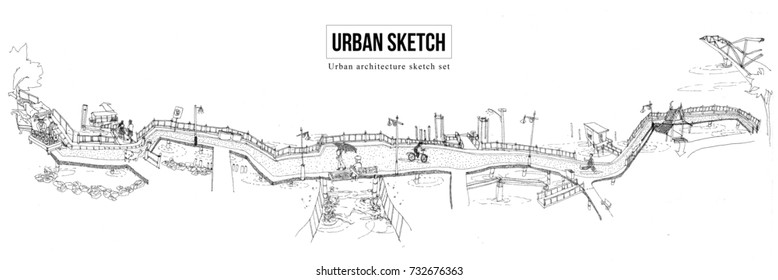 Urban Architecture Sketch Pencil Drawing Illustration Set