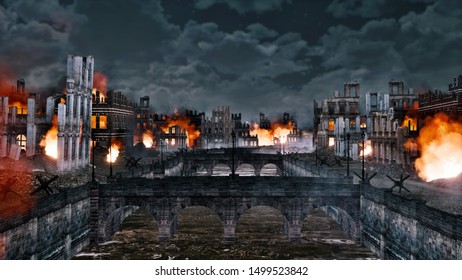 Urban Battlefield Scene With Burning Building Ruins Along The Empty Riverfront Of Destroyed After War Old European City At Night. With No People Historical 3D Illustration.