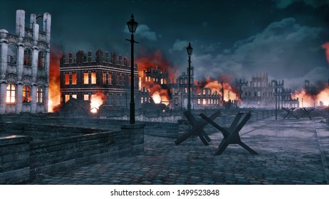 Urban Battlefield Scene With Burning Building Ruins Along The Empty Riverfront Of Destroyed After War European City At Night. With No People Historical 3D Illustration.