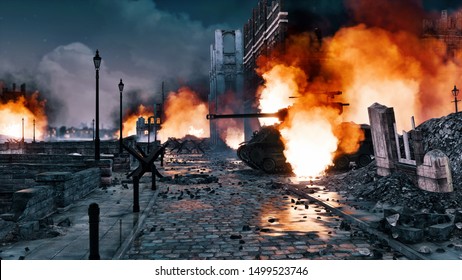 Urban Battlefield Scene With Ruined City Buildings And Burning WWII Tank Among Empty Street At Night. With No People Historical Military 3D Illustration.