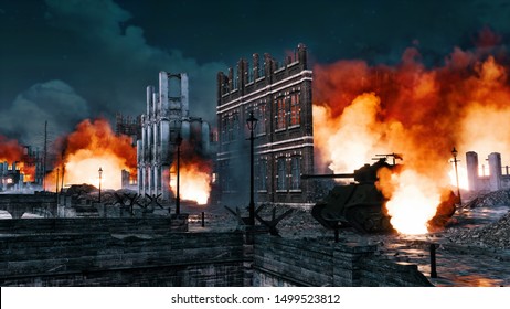 Urban Battlefield Scene With Ruined City Buildings And Burning Wrecks Of WWII Tank On Empty Street At Night. With No People 3D Illustration On War And Destruction Theme.