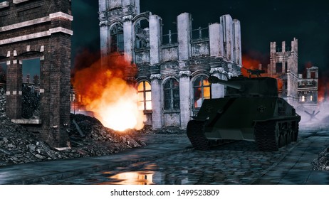 Urban Battlefield Scene With World War II Tank Among Burning Building Ruins On Empty Street Of Destroyed European City At Night. Historical Military 3D Illustration.