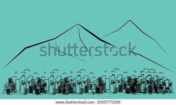 Urban black \
landscape with large modern buildings and suburb with private\
houses on a background mountains and hills. Street, highway with\
cars. Concept city and suburban\
life.