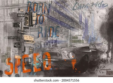 Urban Car On The Background Of The City. Megapolis Landscape. Big City Background. Urban Style. Street Style. Design For Wallpaper, Wall Mural, Card, Postcard, Photo Wallpaper.