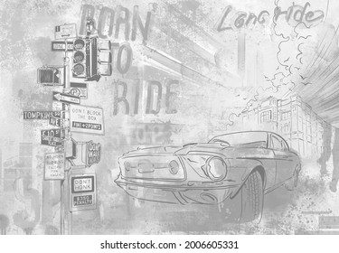 Urban car on the background of the city. Megapolis landscape. Black and white colours.Big city background. Urban style. Street style. Design for wallpaper, wall mural, card, postcard, photo wallpaper.