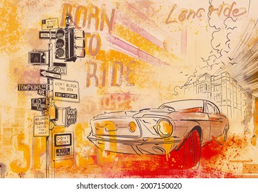 Urban car on the background of the city. Megapolis landscape. Yellow colours. Big city background. Urban style. Street style. Design for wallpaper, wall mural, card, postcard, photo wallpaper.


