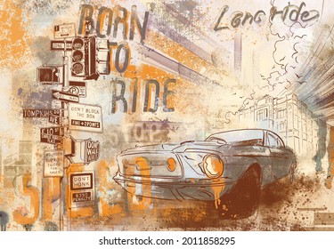 Urban car on the background of the city. Megapolis landscape. Big city background. Urban style. Street style. Design for wallpaper, wall mural, card, postcard, photo wallpaper.