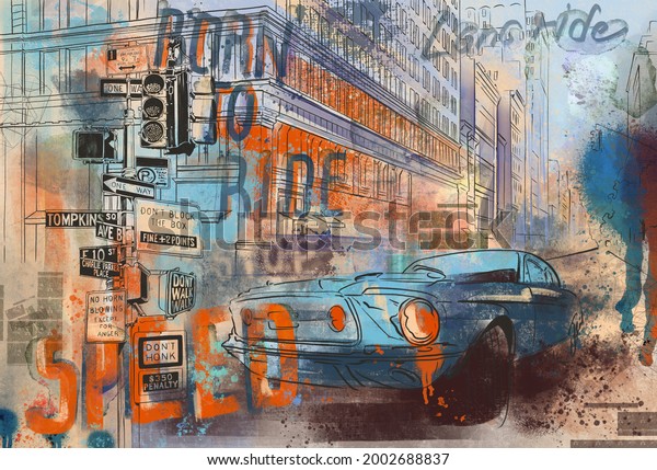 Urban car on the background of the city. Megapolis landscape. Big city background. Urban style. Street style. Design for wallpaper, wall mural, card, postcard, photo wallpaper. Teenage mural ideas. 