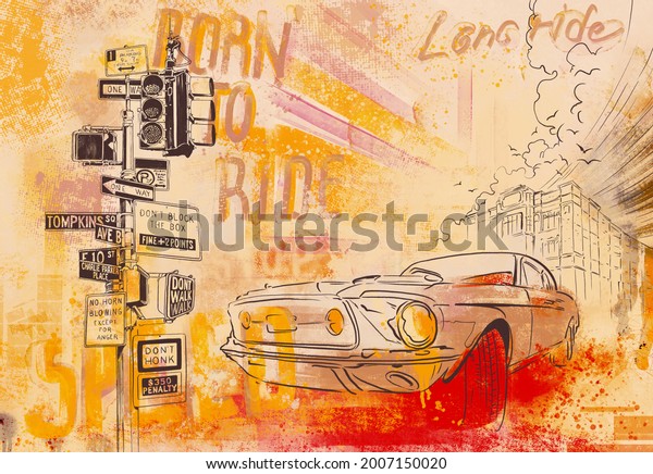 Urban car on the background of the city.\
Megapolis landscape. Yellow colours. Big city background. Urban\
style. Street style. Design for wallpaper, wall mural, card,\
postcard, photo\
wallpaper.\
\
