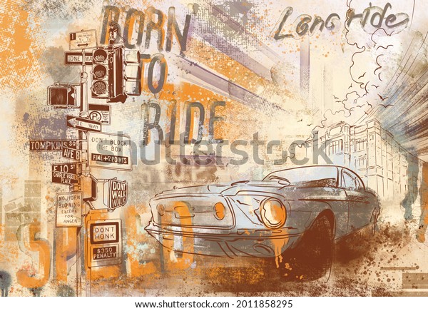 Urban car on the background of the city. Megapolis landscape. Big city background. Urban style. Street style. Design for wallpaper, wall mural, card, postcard, photo wallpaper.