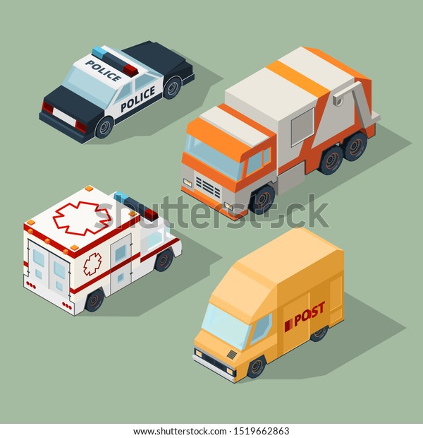 Urban cars isometric. Garbage\
truck mail van police and ambulance city traffic 3d\
illustrations