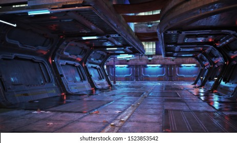 Urban City Retro Futuristic Back Drop Sci Fi Corridor Background With Neon Accents. 3d Rendering.