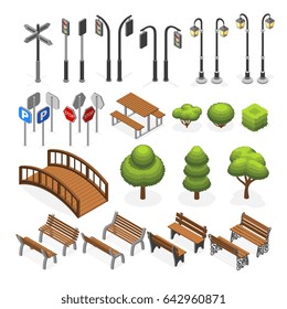 Urban City Street Miniature Isometric Objects, Benches, Trees, Streetlight, Seats, Road Signs. Urban Object Bench And Tree, Elements For Urban Design Illustration