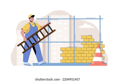 Urban Construction Concept. Man Building Brick Wall, Builder Construct House Situation. Real Estate Business People Scene. Illustration With Flat Character Design For Website And Mobile Site