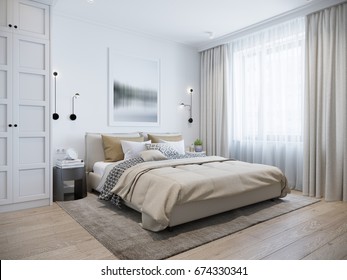 Urban Contemporary Modern Scandinavian Bedroom Interior Design. Mock up Gray and White wall. 3d rendering.