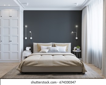 Urban Contemporary Modern Scandinavian Bedroom Interior Design. Mock Up Gray And White Wall. 3d Rendering.
