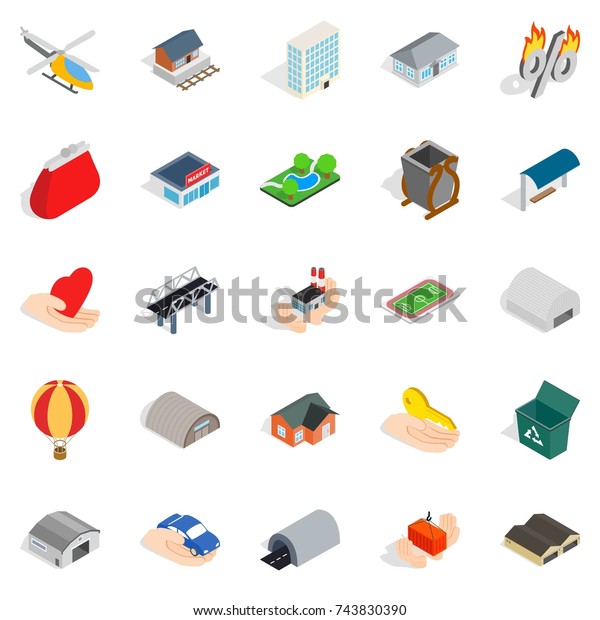 Urban
infrastructure icons set. Isometric set of 25 urban infrastructure 
icons for web isolated on white
background